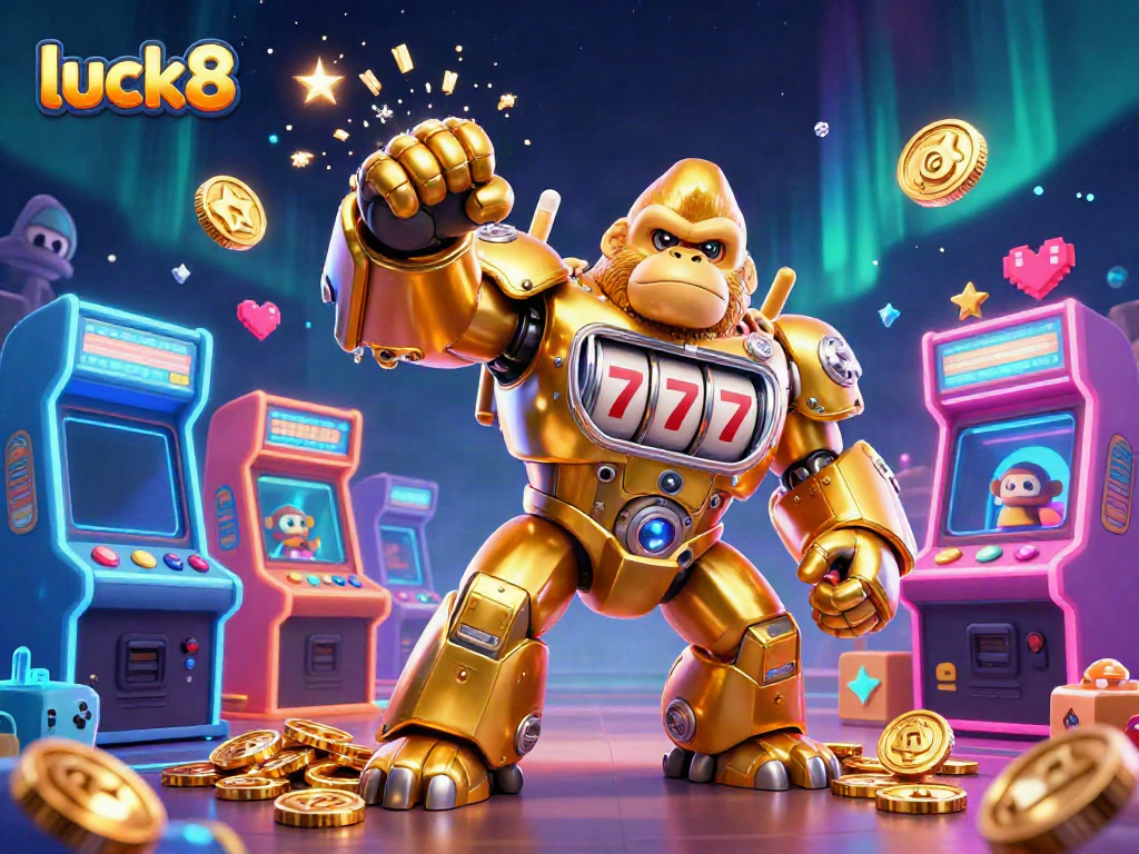 Experience luck8 with a dynamic golden gorilla mech symbolizing winning in an exciting casino atmosphere.