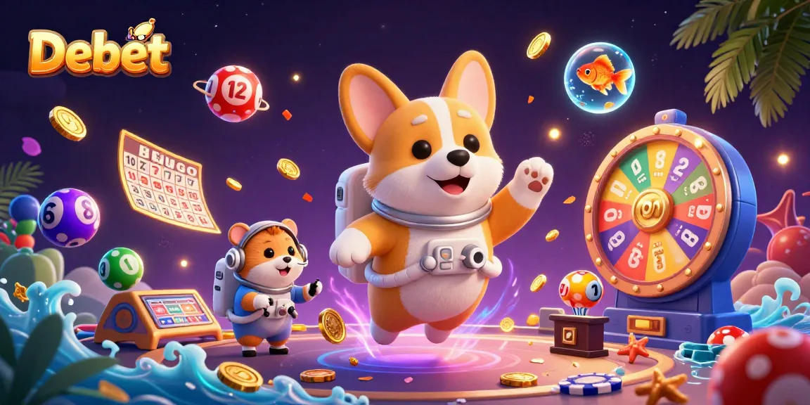 Experience Debet's vibrant space station casino with dynamic lottery balls and whimsical characters.