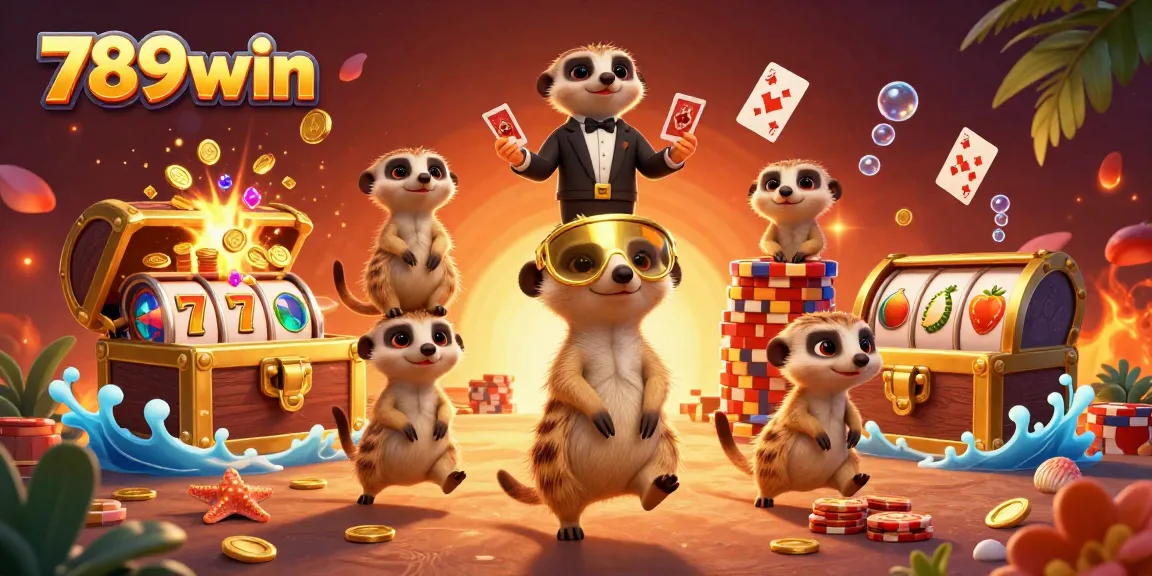 Immerse in 789win's lively casino scene with meerkats, vibrant slots, and dynamic playing cards.