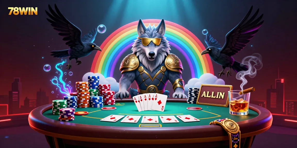 Experience poker excitement at 78WIN with Odin and ravens, surrounded by vibrant casino elements.