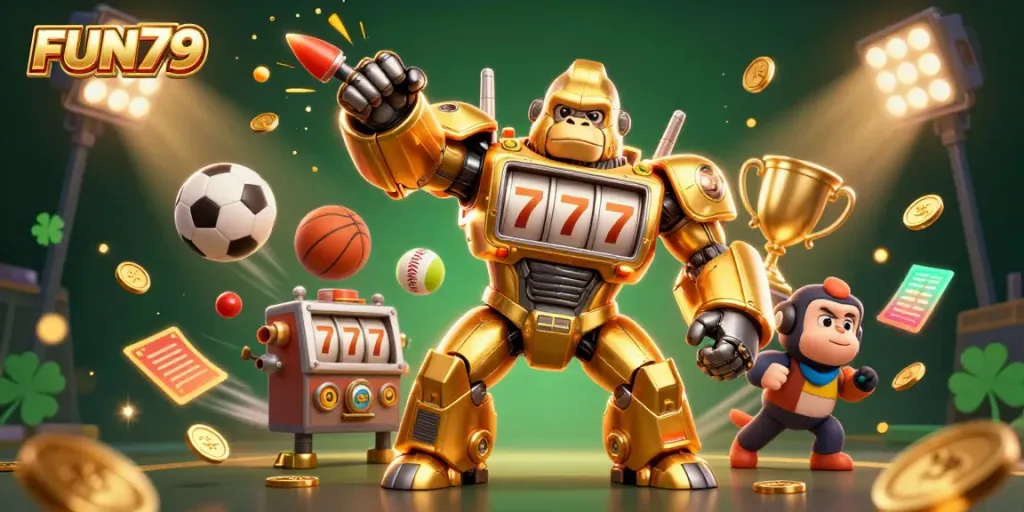 Experience exciting gameplay at FUN79 with a golden gorilla mech and dynamic sports elements.