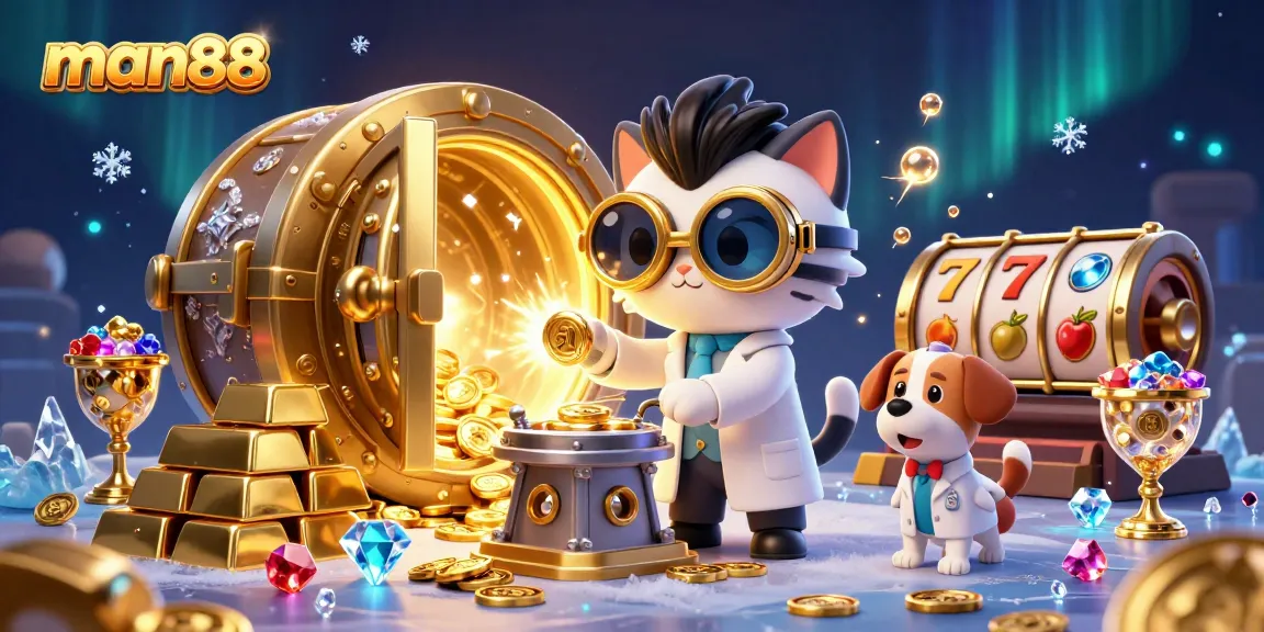 Spin to win with man88's vibrant 3D casino scene featuring gold coins and slot machine action.