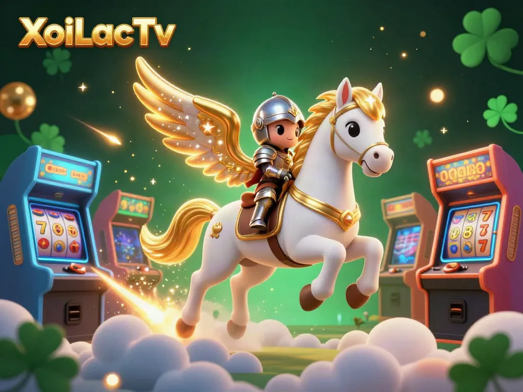 XoiLacTv thrills with a celestial knight riding a golden-winged horse in a vibrant casino world.