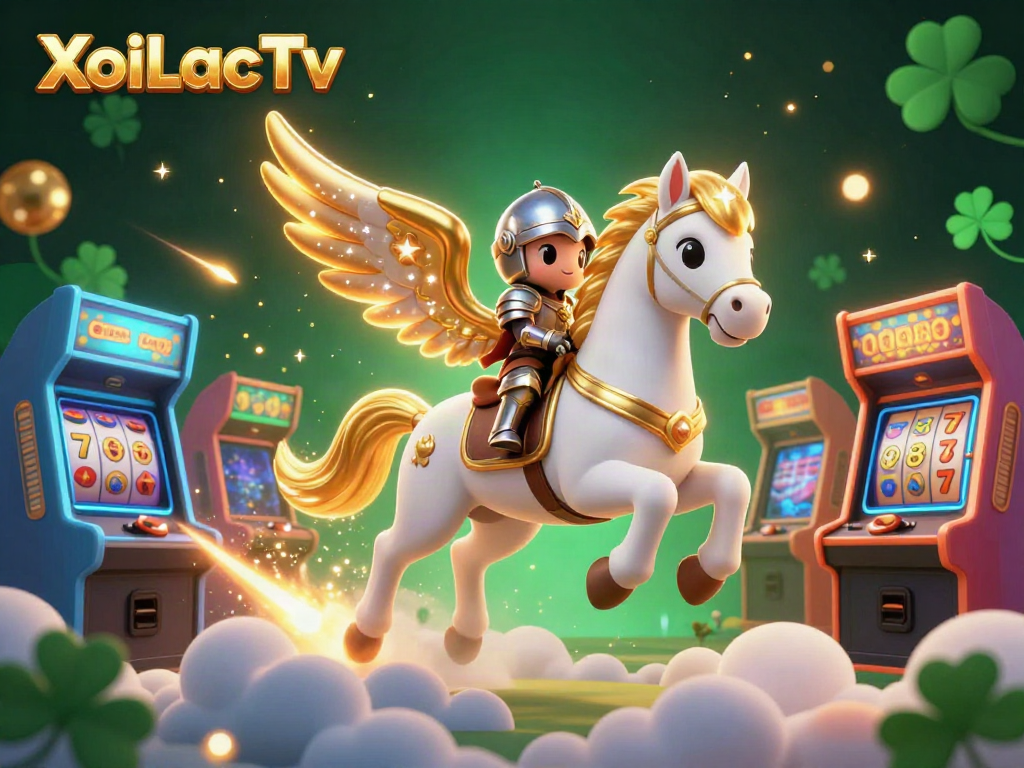 XoiLacTv thrills with a celestial knight riding a golden-winged horse in a vibrant casino world.
