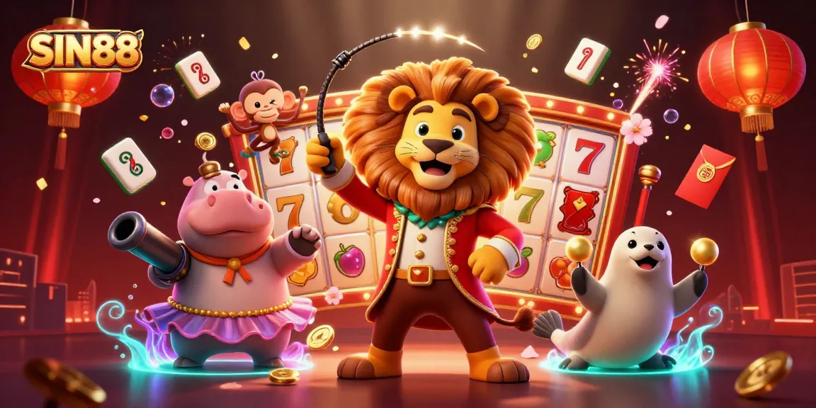 SIN88 brings excitement and winnings in this dynamic casino scene with vibrant characters and slot elements.