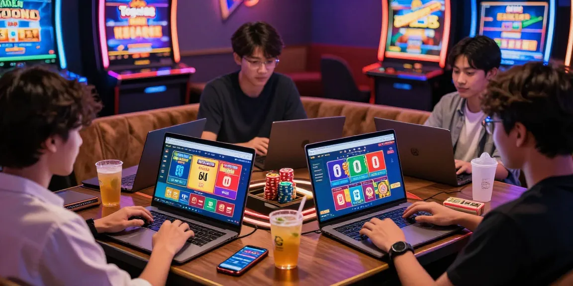 Togel88 Online gaming scene with users engaging on laptops and smartphones in an inviting setting.