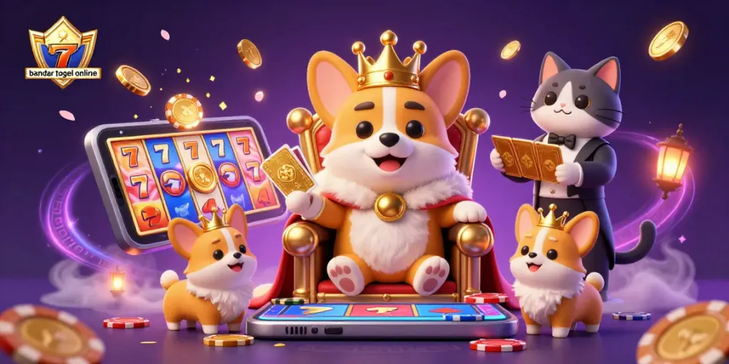 Engage with exciting bandar togel online action, featuring a royal corgi and vibrant game elements.