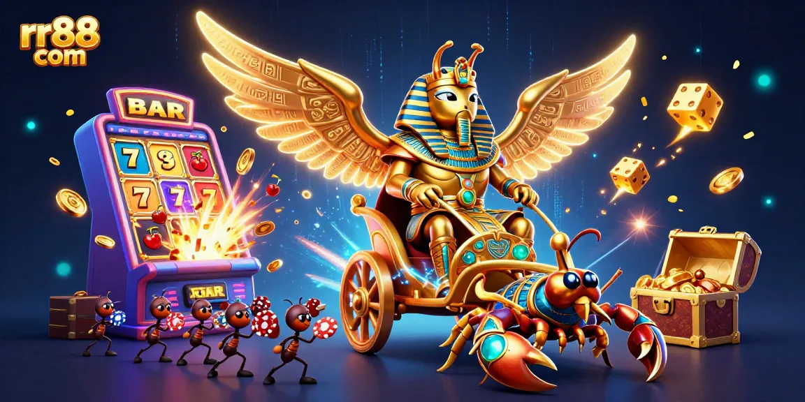 Win big at rr88 com with dynamic 3D casino illustration featuring jackpot symbols and vibrant colors.