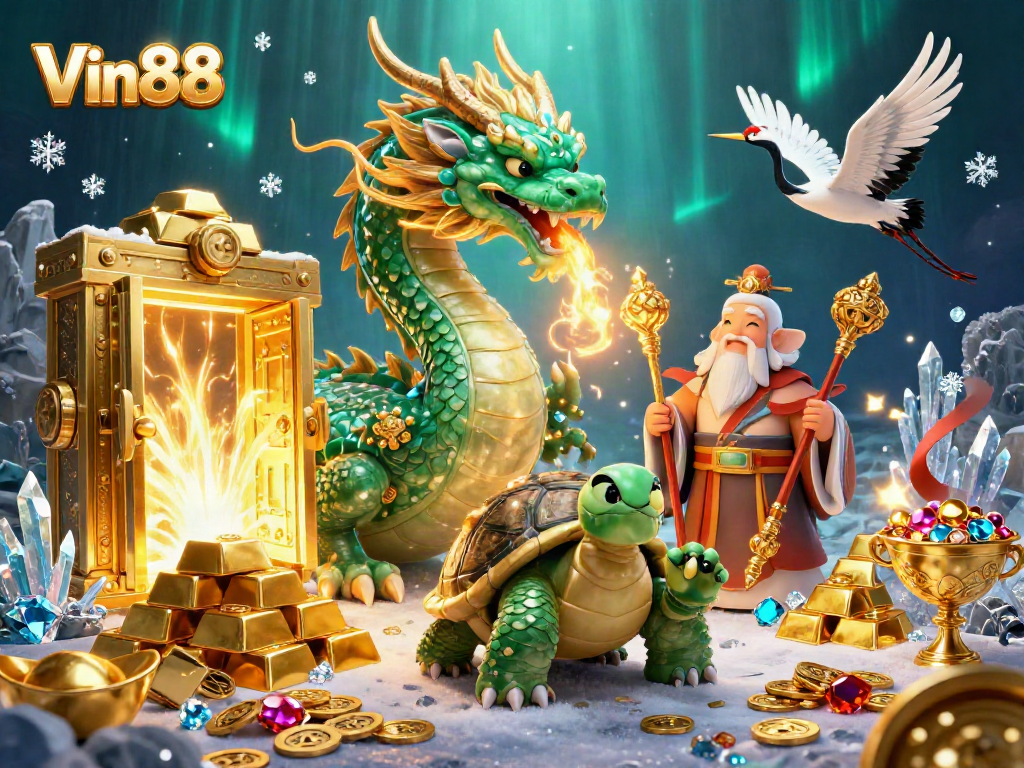 Experience Vin88's dynamic gaming adventure with a jade dragon, turtle sage, and lucky cranes.