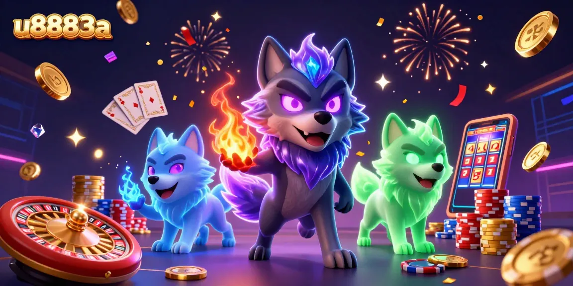 Experience thrilling gameplay at u8883a with glowing wolf characters amidst cascading coins and spinning roulette.