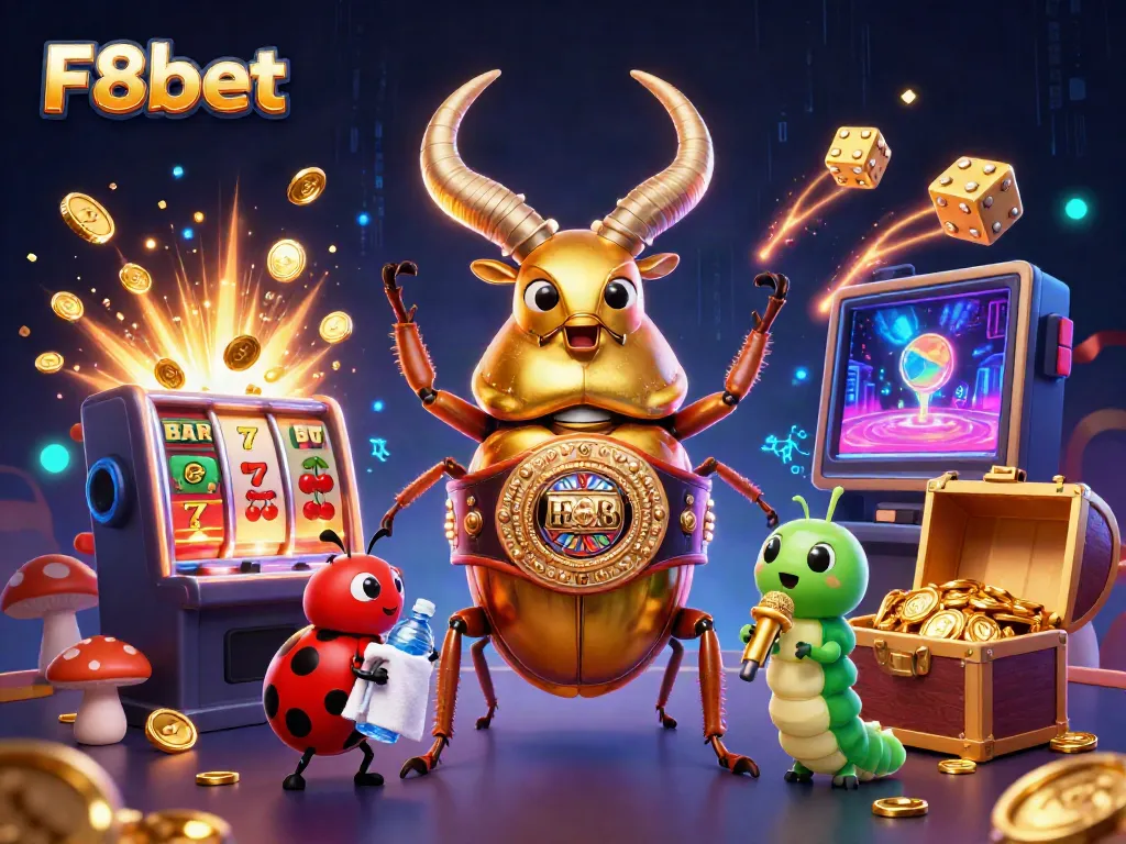 Engage in thrilling casino action with F8bet's energetic 3D scene featuring a golden stag beetle and dynamic elements.