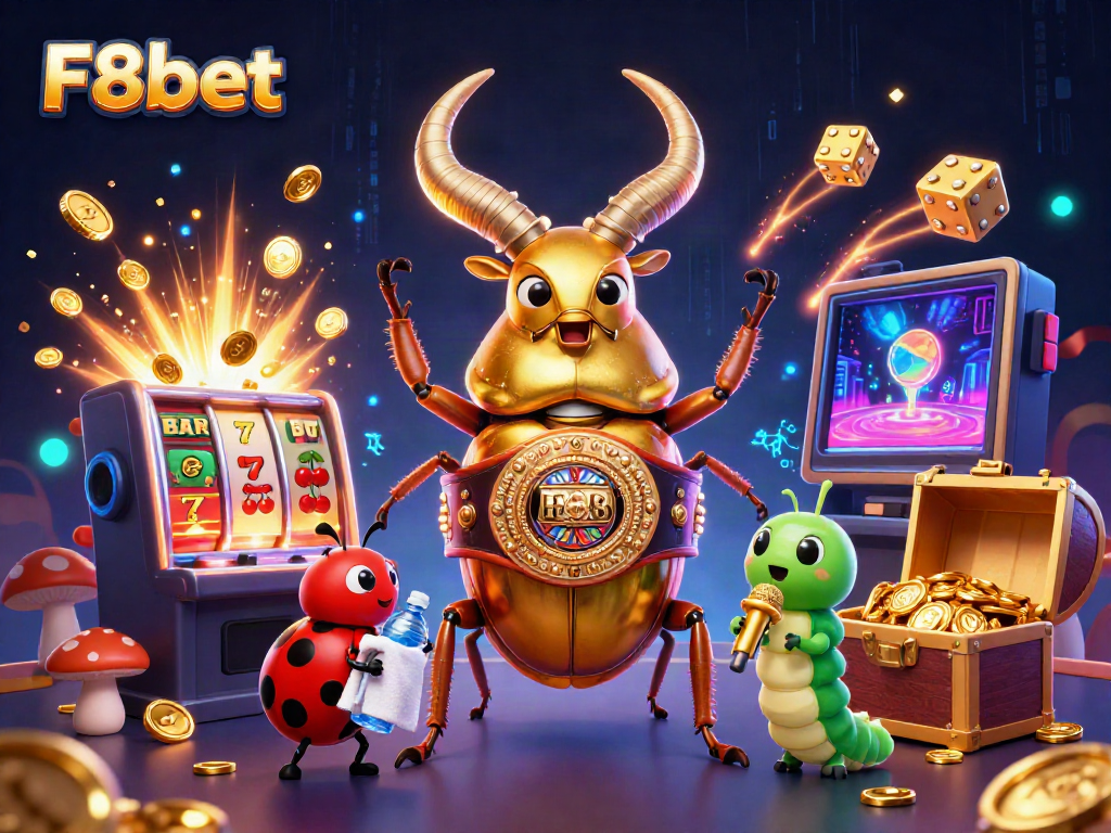 Engage in thrilling casino action with F8bet's energetic 3D scene featuring a golden stag beetle and dynamic elements.