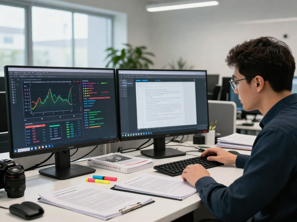 Forensic analyst using document fraud detection software in an advanced workspace.