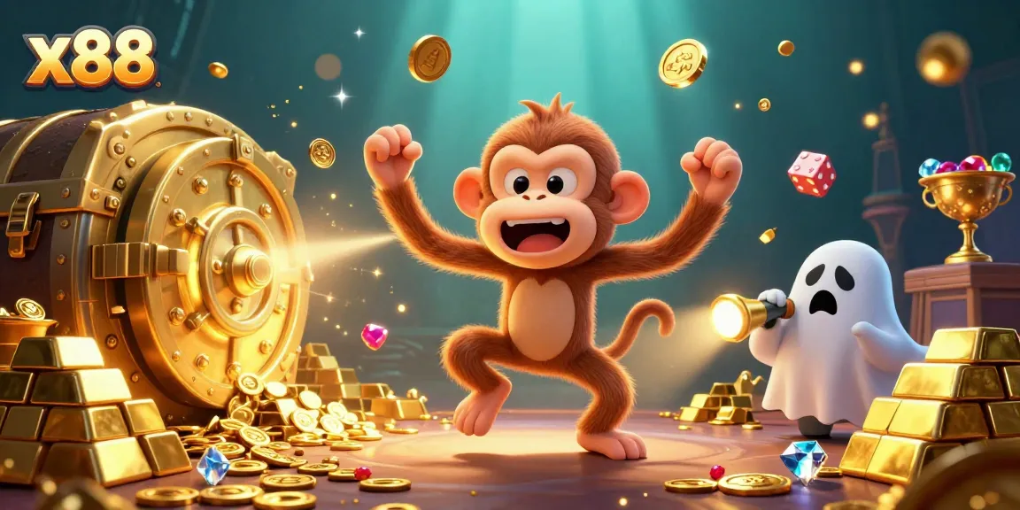 x88 showcases thrilling casino fun with a mischievous monkey and a ghost-hunter puppy in a dynamic scene.