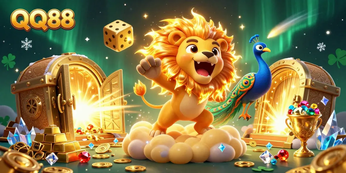 Experience thrilling gameplay with QQ88 as the sun lion roars triumphantly in a vibrant casino scene.