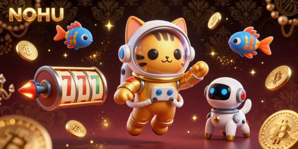 Engage with the vibrant NOHU gaming universe featuring floating slots and astronaut cat in a dynamic scene.