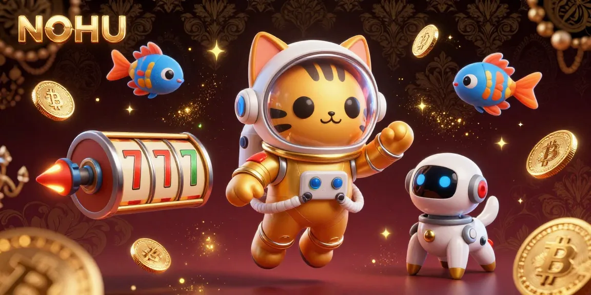 Engage with the vibrant NOHU gaming universe featuring floating slots and astronaut cat in a dynamic scene.