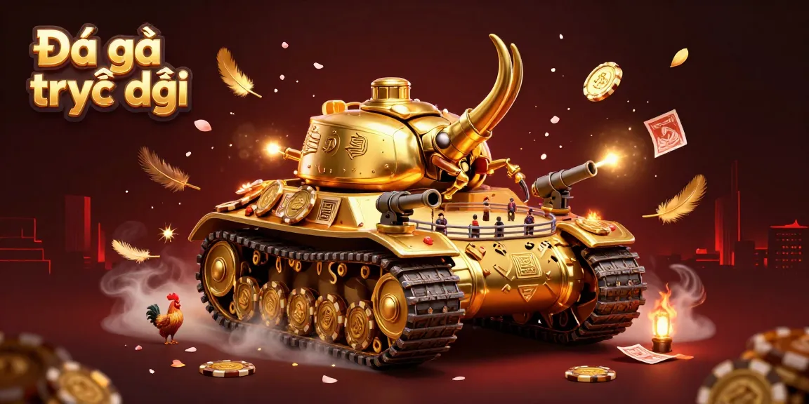 Experience Đá gà trực tiếp with a lively arena showcasing a golden beetle tank and animated patrons.