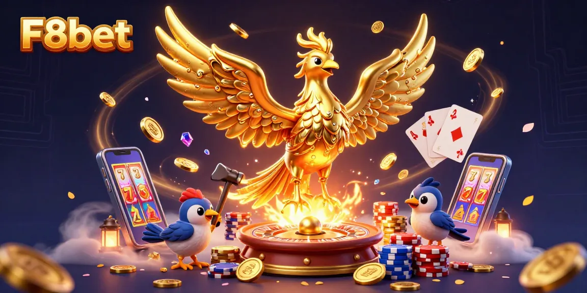 Experience the thrill of winning with F8bet's mesmerizing golden phoenix amidst cascading coins.