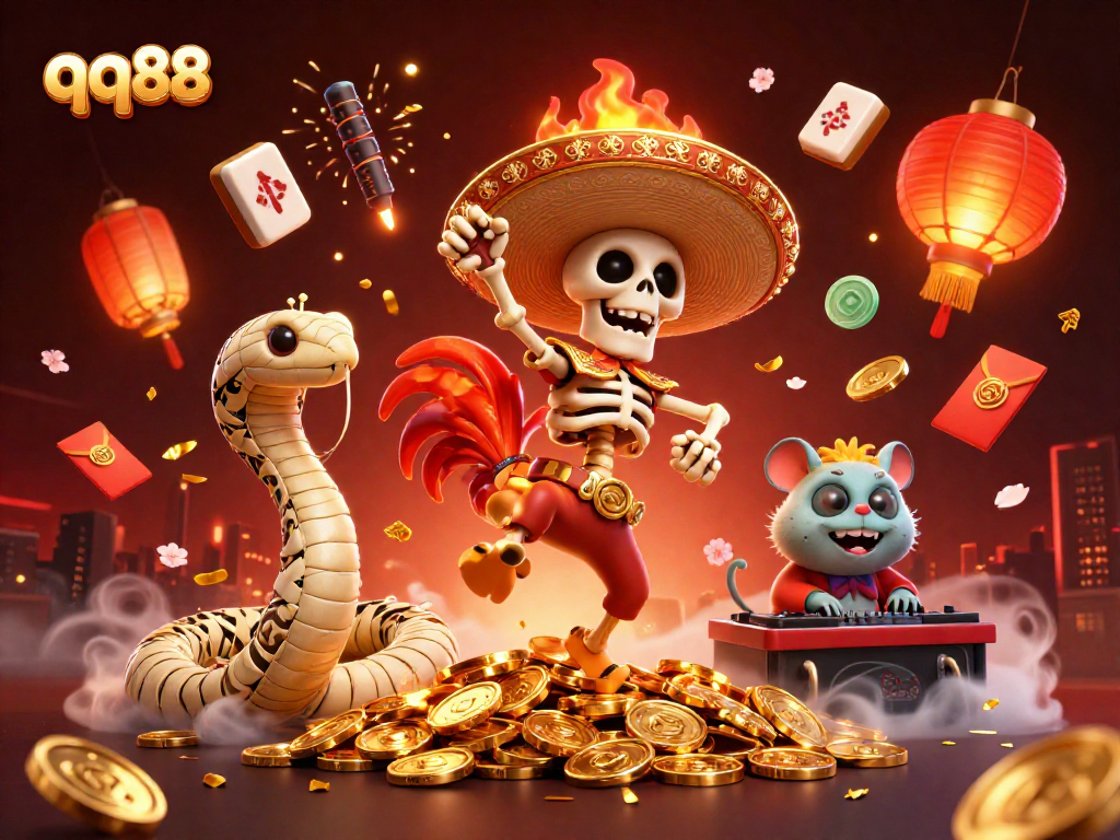Experience thrilling gameplay with qq88, showcasing festive casino elements in a vibrant scene.