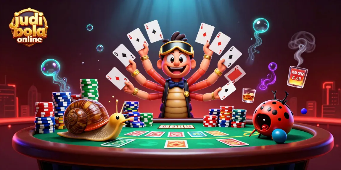 Engage in judi bola online with dynamic card games featuring a lively millipede dealer and colorful poker elements.