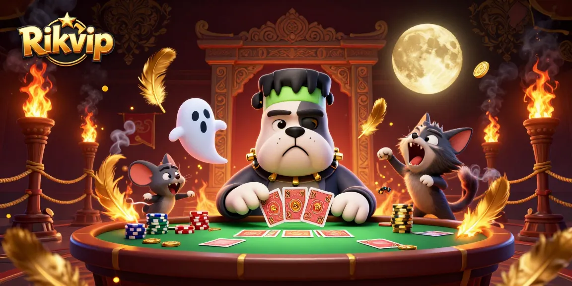 Rikvip's thrilling gaming scene with a Frankenstein bulldog dealer and glowing casino elements.