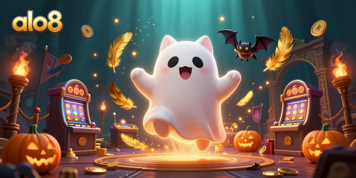Alo8 enhances casino fun with a friendly ghost cat and a vampire bat amidst glowing poker jack-o-lanterns.