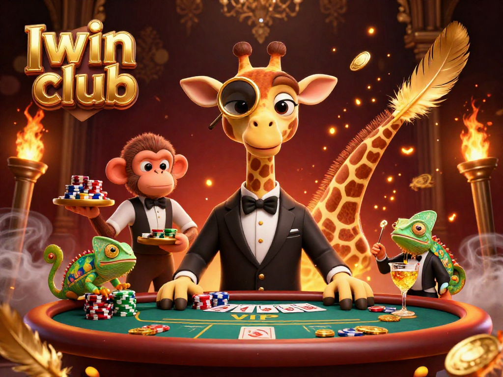 Iwin club showcases a vibrant scene with a high-roller giraffe at a poker table, enhancing your gambling experience.
