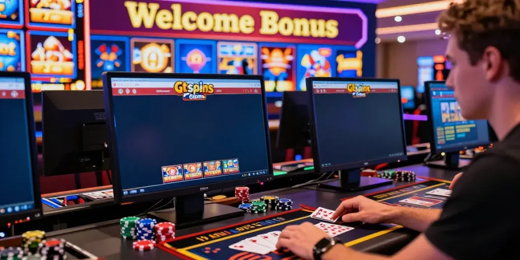 Engaging player exploring Gtspins Casino website with vibrant graphics and casino elements.