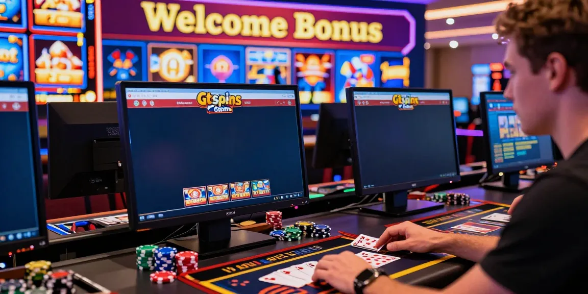 Engaging player exploring Gtspins Casino website with vibrant graphics and casino elements.