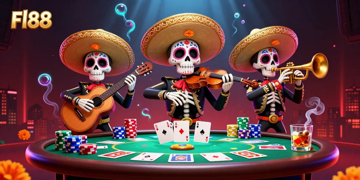 Engage in thrilling poker gameplay at Fl88 with vibrant mariachi characters and casino elements.