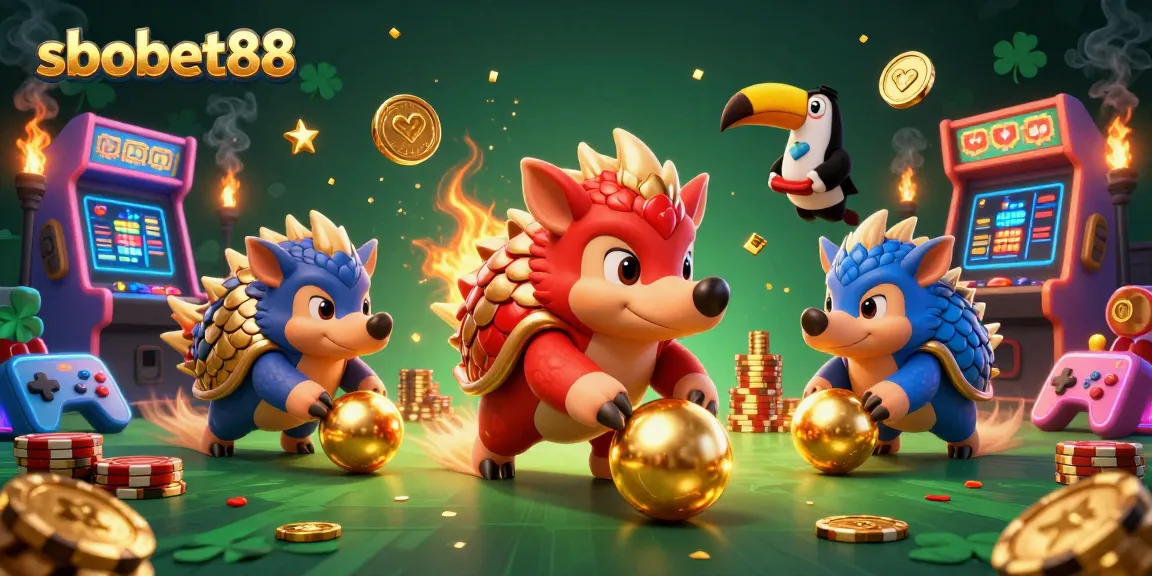 Taruhan seru sbobet88 dengan dua pangolin bersaing, dikelilingi mesin arcade dan chip poker.