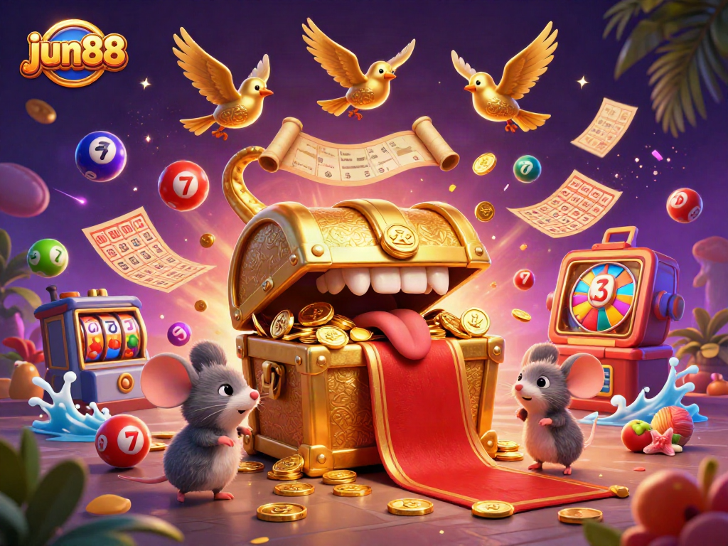 Engage with jun88's vibrant lottery scene filled with colorful elements and treasure.