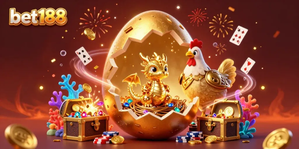 Experience the excitement of bet188 as a golden dragon emerges from a poker chip nest in this vibrant casino illustration.