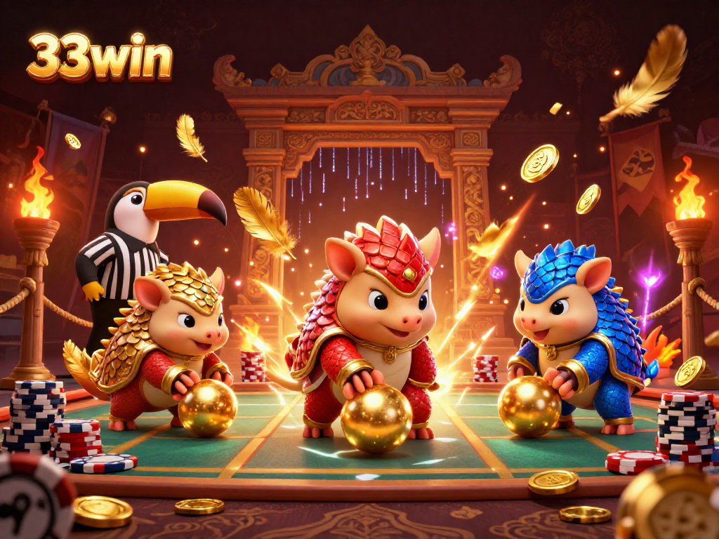 Compete with pangolins in vibrant 33win casino gaming action among golden chips.