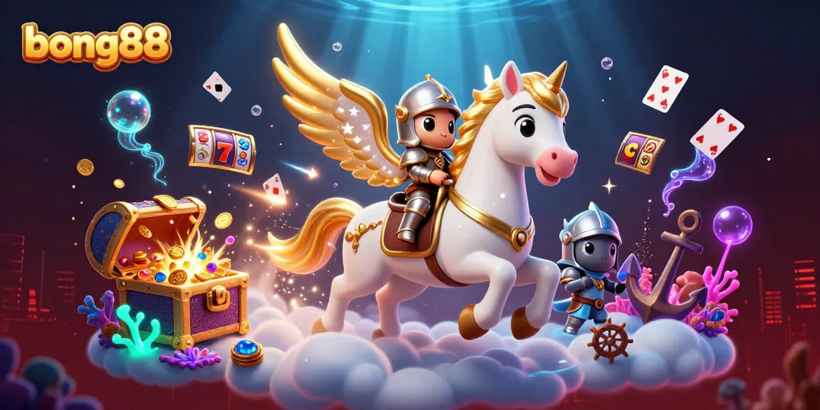 Bong88 offers exciting wins in this vibrant casino-themed illustration, showcasing a celestial horse and gaming treasures.
