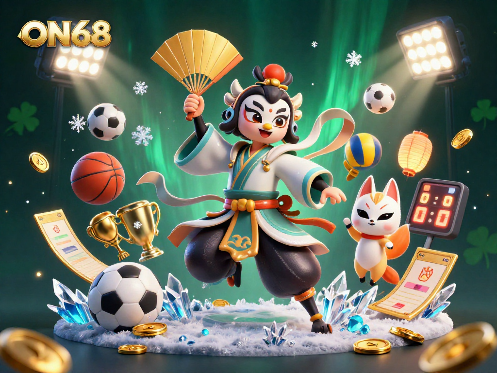 Experience thrilling gameplay at ON68 with kabuki warrior and kitsune mask amidst dynamic sports elements and glowing casino attributes.
