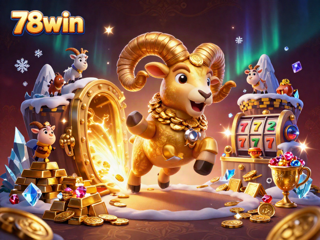 Experience the thrill of 78win with golden treasures and dynamic casino elements in an exciting 3D illustration.