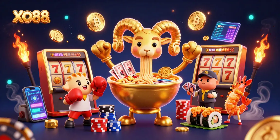 Experience thrilling gaming with XO88 as a golden ramen bowl deals cards and chips amidst slot reels.