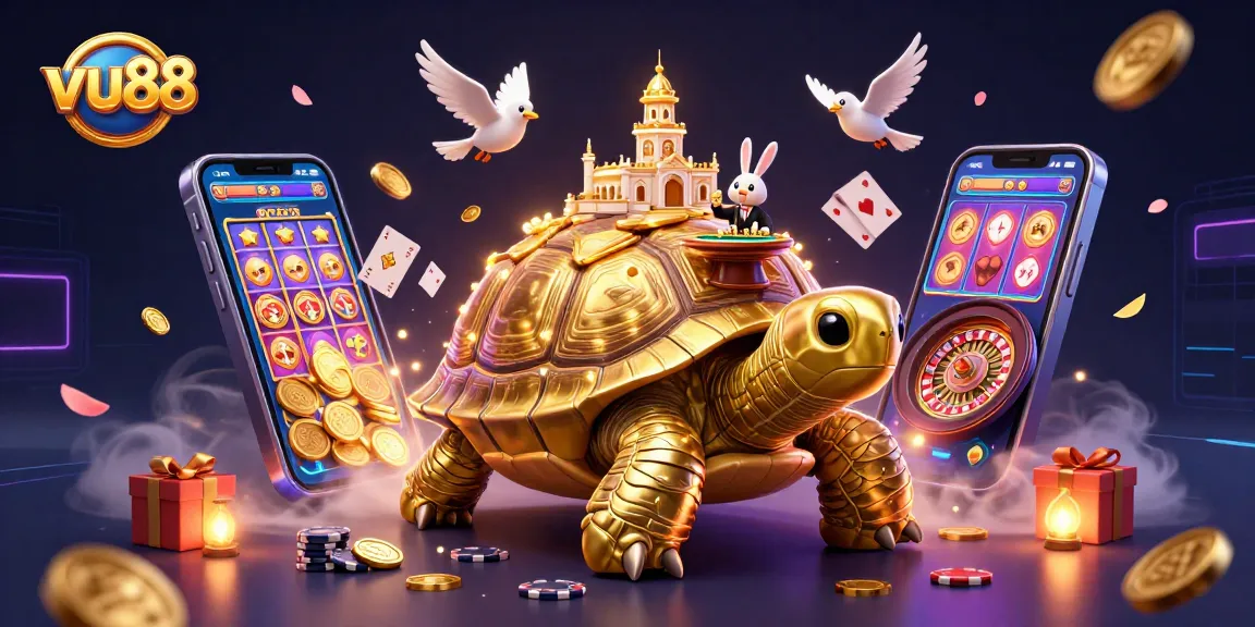 Experience the vibrant action at vu88 with a whimsical golden tortoise casino scene featuring a rabbit dealer.