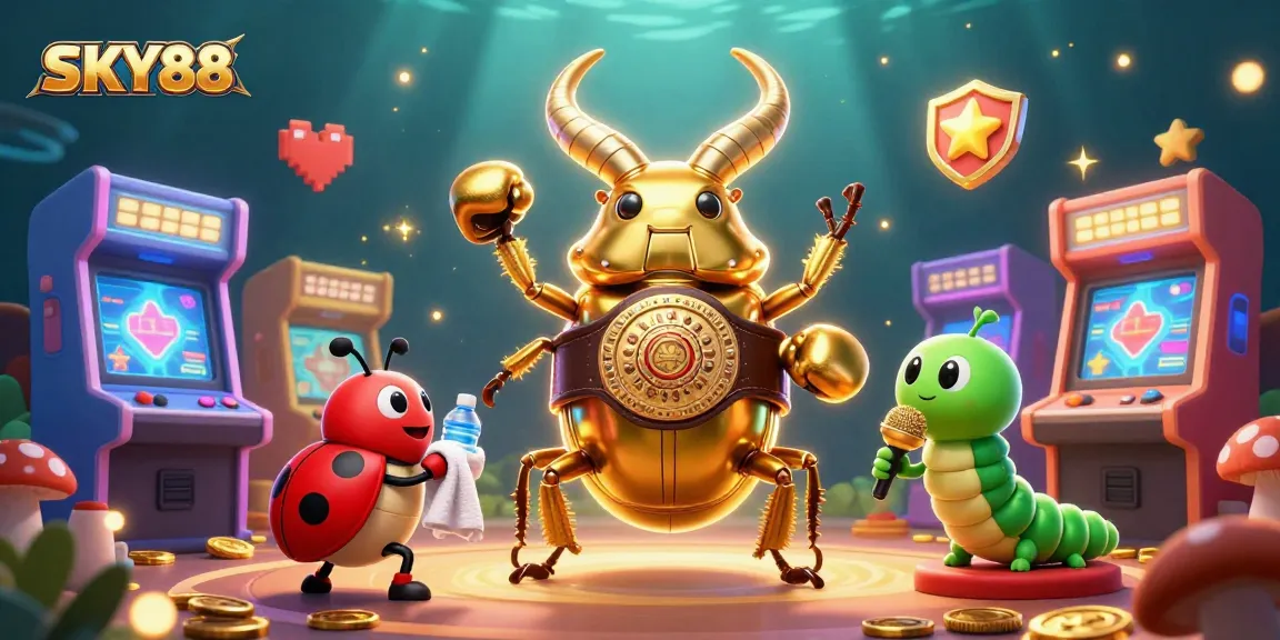 Engage with the thrilling SKY88 online casino scene showcasing vibrant games, excitement, and colorful characters.