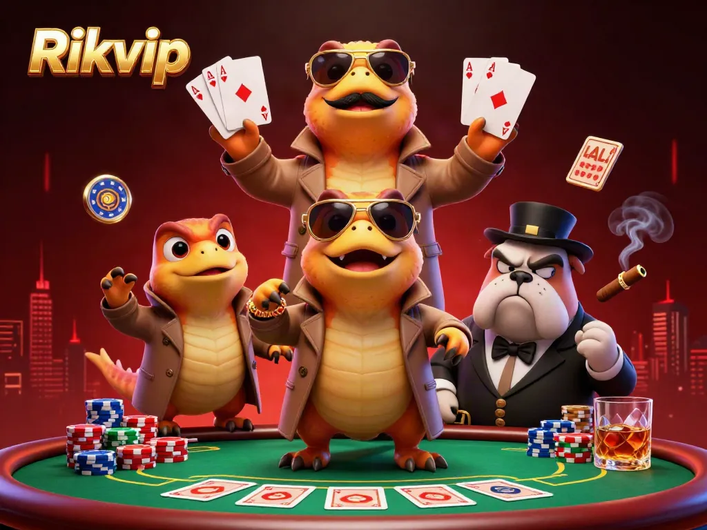 Play at Rikvip and see cartoon raptors entering a VIP casino with poker elements.