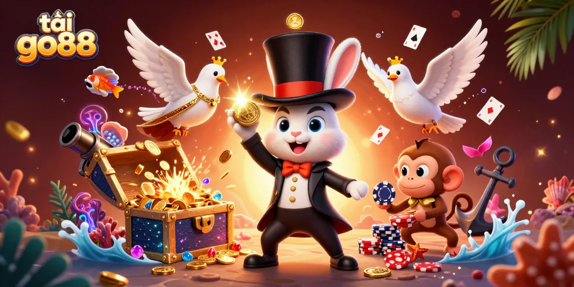 Experience the excitement of tải go88 with a vibrant casino-themed illustration featuring charismatic characters playing games.