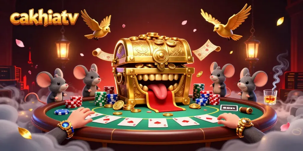 Engage with cakhiatv's vibrant casino scene filled with animated characters, poker chips, and dynamic elements.