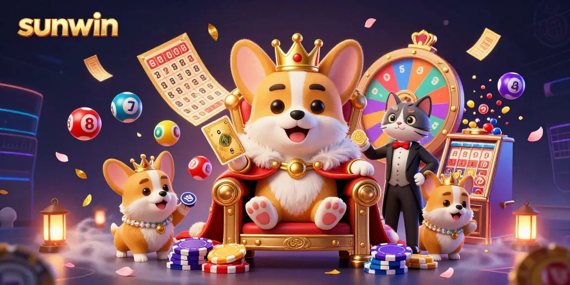 Engage in gambling fun with sunwin, witnessing a royal corgi in a casino ambiance surrounded by colorful lottery excitement.