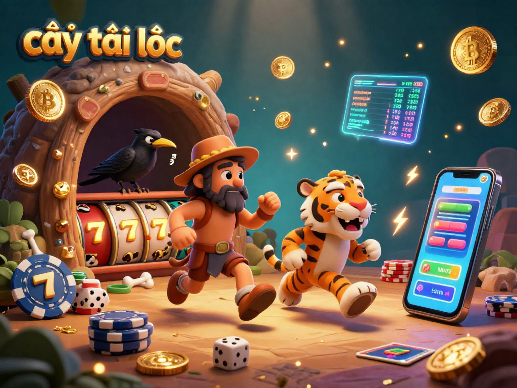 Cây tài lộc theme depicted in a vibrant 3D scene with a caveman and sabertooth tiger managing a casino, surrounded by glowing jackpot elements.