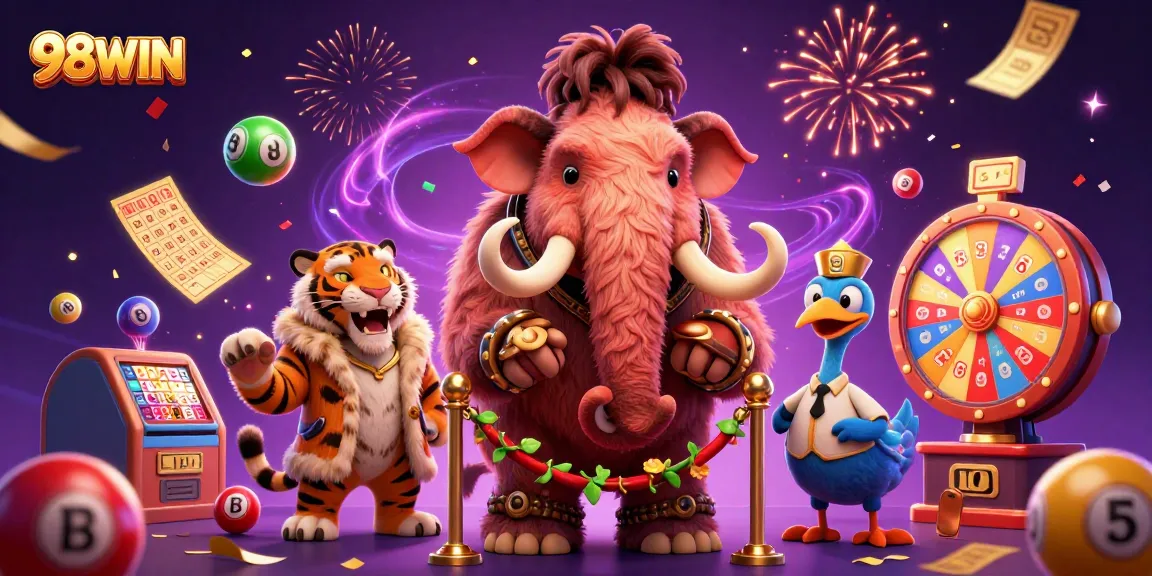 Experience the excitement of 98WIN with a fun casino scene featuring unique characters.