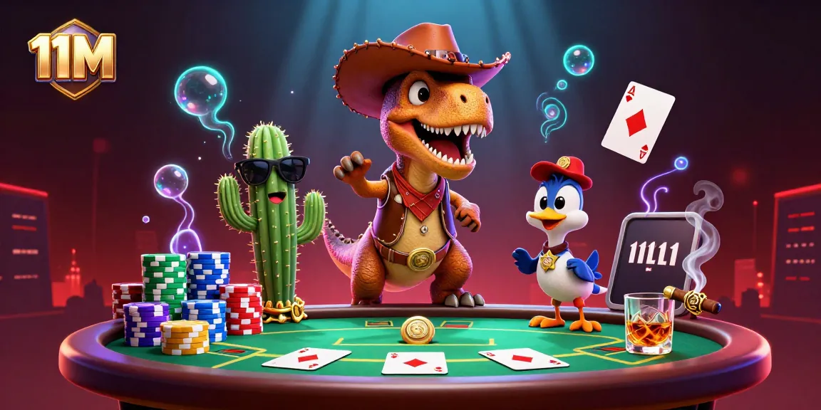 Engage with dynamic poker action in the 11M-themed casino scene featuring colorful elements and characters.