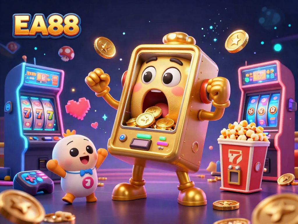 Experience the EA88 jackpot as the golden slot machine celebrates coins pouring out in a vibrant casino scene.