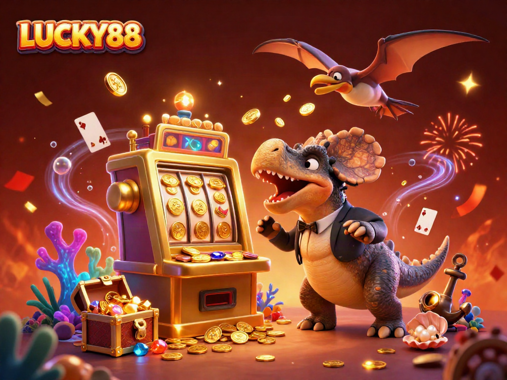 LUCKY88 casino scene with dinosaurs celebrating a jackpot win, dynamic and colorful.